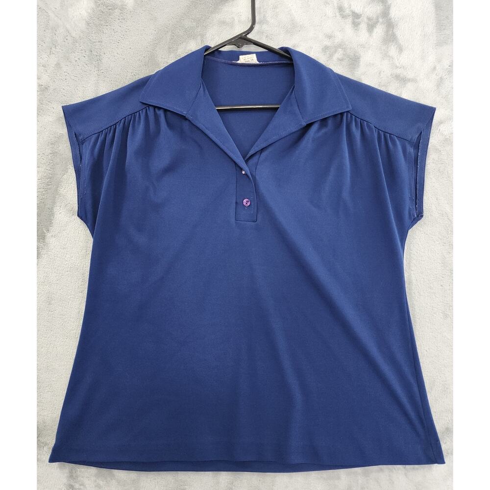 Vintage Mardi Modes Cap Sleeve Collar‎ Polo Shirt Size 16 Blue Stretch Pleated